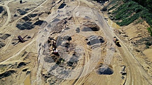 Arial view of the sand making plant in open-pit mining. Heavy mining machinery and equipment works in open pit mine. Wheel loader