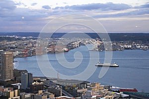 Arial view of Seattle waterway from the Space Needle