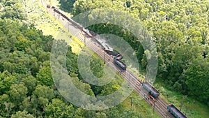 Arial view. Train accident. Rescue relief works in progress locomotive derailed