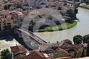 Arial view of Verona`s Castel Vecchio Bridge over the Adige River