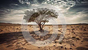 Arid climate, sand dune, acacia tree, sunset generated by AI