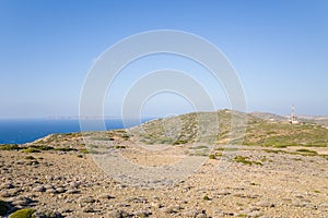 The arid countryside among the mountains , in Europe, Greece, Crete, towards Sitia, By the Mediterranean sea, in summer, on a