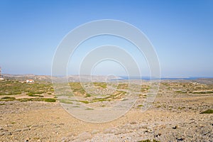 The arid countryside among the mountains , in Europe, Greece, Crete, towards Sitia, By the Mediterranean sea, in summer, on a