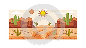 Arid Desert Landscape with Cacti and Bright Sun, vector design Generative AI