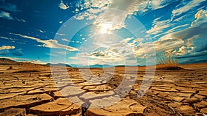 Arid Desert Landscape with Cracked Earth, Sparse Vegetation, and Majestic Mountain Range