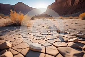 Arid desert landscape with cracked earth and sparse vegetation under a blazing sun and blue sky