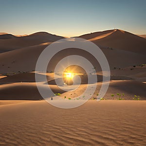 Arid desert landscape desert sand dunes, with native drought-resistant green vegetation in the Middle East - north of