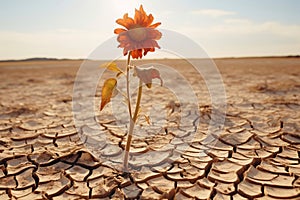 Arid landscape from drought and a flower that dries up, generated by AI