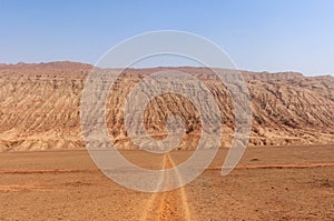 The arid landscape at the Flaming Mountains near the city of Turpan, Xinjiang