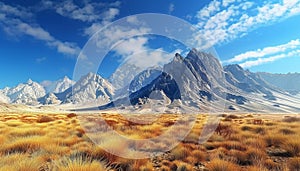 Arid mountain range, blue sky, yellow grass, dry landscape generated
