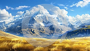 Arid mountain range, blue sky, yellow grass, dry landscape generated