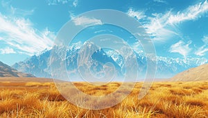 Arid mountain range, blue sky, yellow grass, dry landscape generated