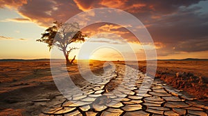 Arid mud landscape broken tree sunset season background