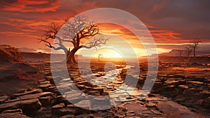 Arid mud landscape broken tree sunset season background