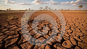 Arid mud landscape, broken tree sunset season generated by AI