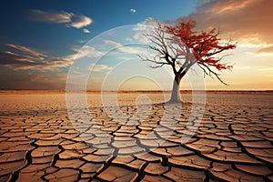 Arid solitude lone tree in the midst of a cracked desert landscape