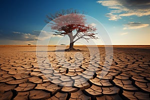 Arid solitude lone tree in the midst of a cracked desert landscape