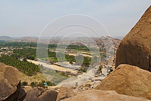 Arieal view of the eatern end of the Hampi Bazaar from the west side of Matanga Hill, Hampi, Karnataka. Sacred Center. photo