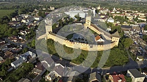 Arieal view on the Lutsk castle. Prince Lubart stone castle, landmark of Lutsk city, Ukraine.