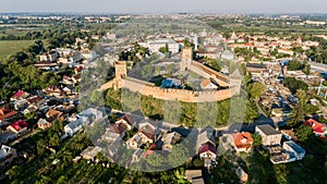 Arieal view on the Lutsk castle. Prince Lubart stone castle, landmark of Lutsk city, Ukraine.