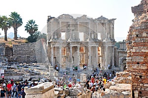 Facade of ancient The Library of Celsus at Ephesus, Turkey