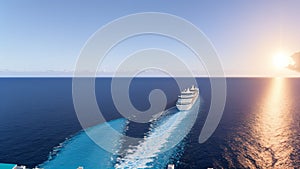 Ariel View of Luxury cruise ship sailing to port at sunrise. AI Generative