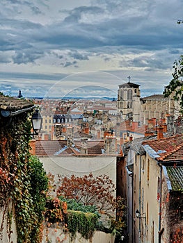 Ariel view of Lyon old town and catherdral saint jean, city of Lyon, France