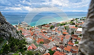 Aerial view of the old town Omis, Croatia. Dalmatia region of Croatia