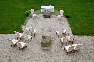 Ariel view of an Outdoor wedding ceremony set up Rome  Italy.