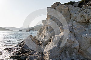 Ariel view of a seaside, coastline in the island of Patmos, Greece