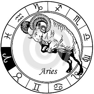 Aries astrological zodiac sign. Black white vector photo