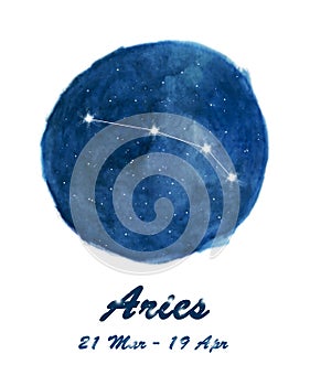 Aries constellation icon of zodiac sign Aries in cosmic stars space. Blue starry night sky inside circle background.