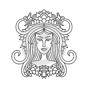 Aries girl portrait. Zodiac sign for adult coloring book. Simple black and white vector illustration.