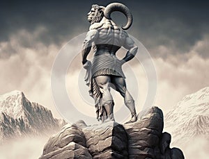 An Aries headstrong figure standing on a mountaintop surveying the land. Zodiac Astrology concept. AI generation