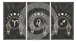 Aries, leo, sagittarius zodiac signs, fire elements, hand drawn horoscope card set on black background. Mystical Vector