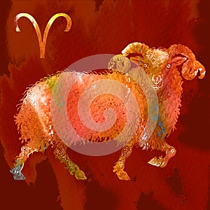 Aries symbol. Ram silhouette on fiery red watercolor texture. Astrology, fortune telling, horoscope, prognosis, Zodiac