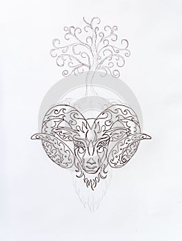 Aries symbol with a tree, symbolic linear ornamental drawing.