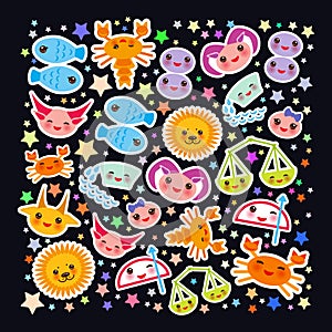 Aries, Taurus, Gemini, Cancer, Leo, Virgo, Libra, Scorpio, Sagittarius, Capricorn, Aquarius and Pisces. Card banner Funny Kawaii