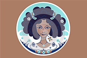 Aries zodiac constellation sign, girl or woman with fluffy African black  hair, flowers, brown background. Fantasy illustration,