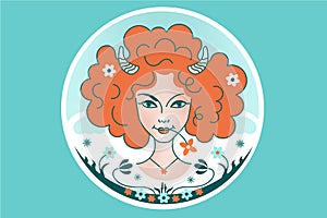 Aries zodiac constellation sign, girl or woman with fluffy red hair, horns, flowers