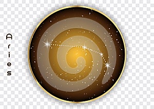 Aries zodiac constellations sign on beautiful starry sky with galaxy and space behind. Aries horoscope symbol constellation on dee