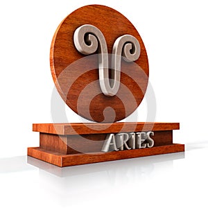 Aries zodiac sign. 3D illustration of the zodiac sign Aries made of stone on a wooden stand with the name of the sign at the base.