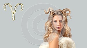 Astrology and horoscope. Aries Zodiac Sign, beautiful woman with horns