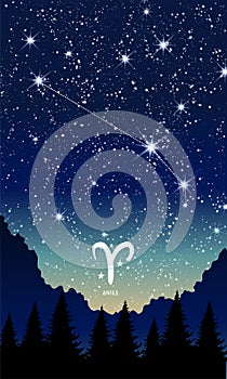 Aries zodiac sign, constellation in the night sky, card for stories with copy space for text. Template for astrology