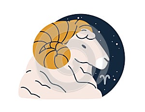 Aries, Zodiac sign icon. Ram in astrology, horoscope, horned animal symbol, star sky. April constellation, esoteric