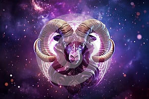 Aries zodiac sign, ram astrological design, astrology horoscope symbol of March April month background with cosmic animal head in