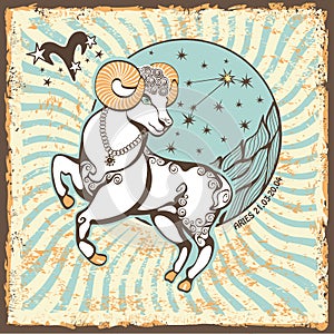 Aries zodiac sign.Vintage Horoscope card