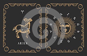 Aries zodiac symbo in vector, old horoscope card.