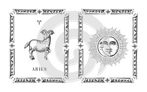 Aries zodiac symbol in frame, drawn horoscope card