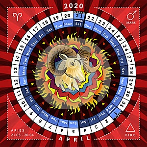 Aries zodiacal circle caledar of year 2020 with features